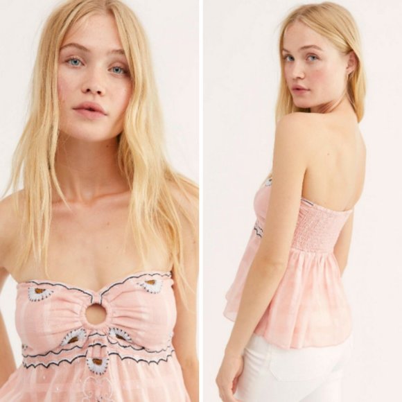 Free People Tops Pink Talk Back Embroidered Tube Top M Poshmark